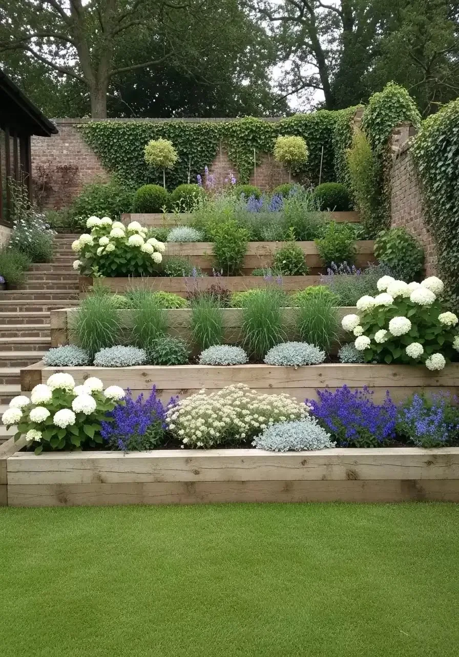 Jardin en terrasses avec massifs de vivaces et graminées